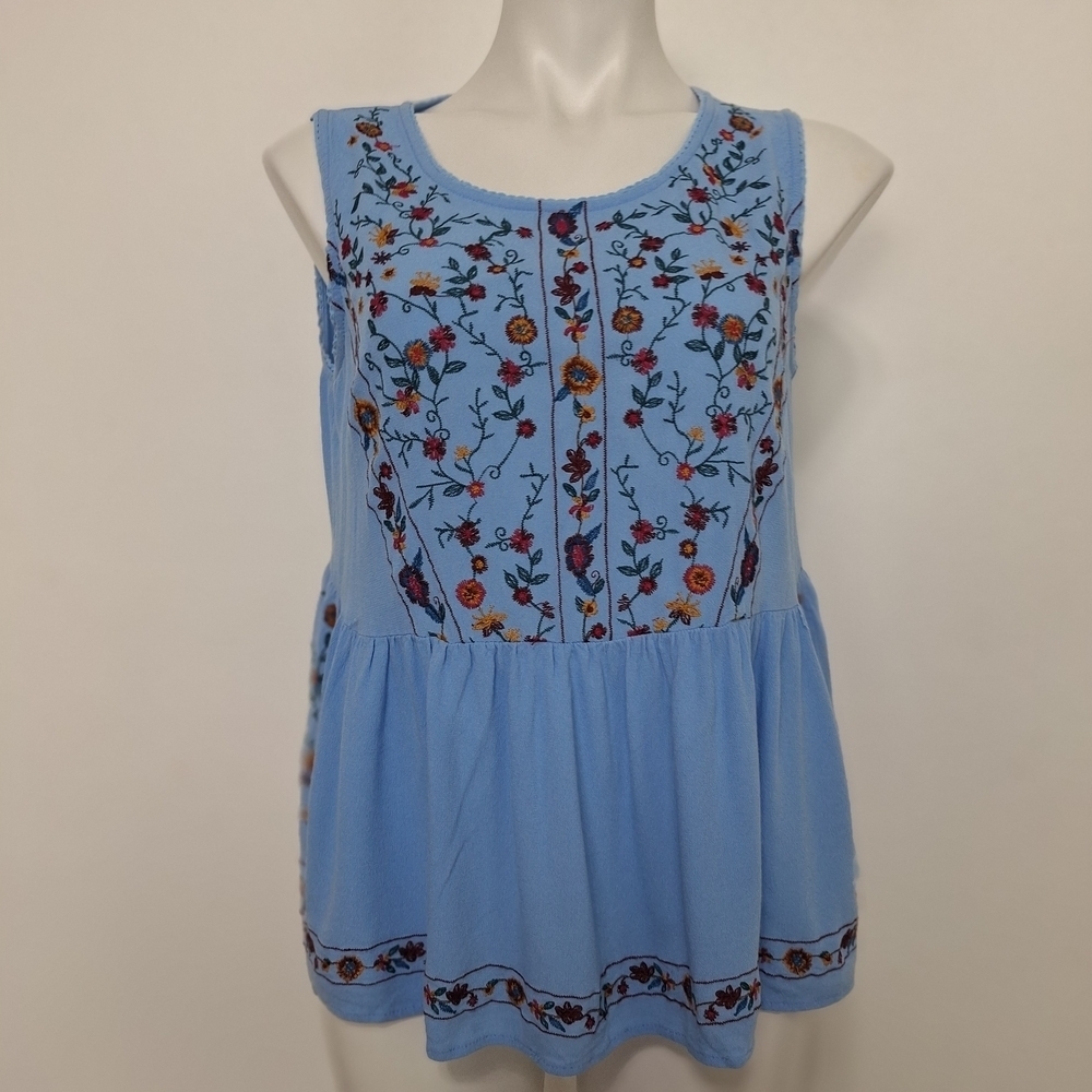 Umgee Blue Floral Coastal Boho Embroidered Bohemian Hippie Peplum Blouse Size M